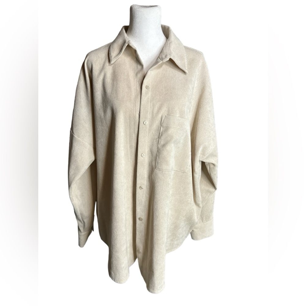 Zara, Micro Corduroy Oversized Long Sleeve Shirt, Cream, Size Large, L…